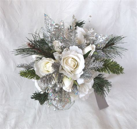 Winter Wedding Bouquet And Boutonniere White Roses Silver Etsy
