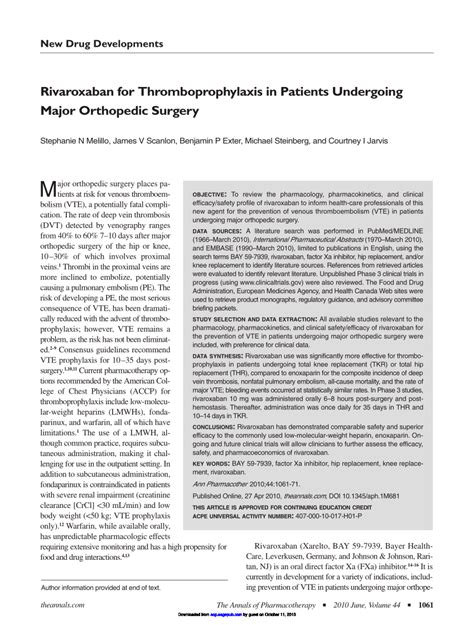 PDF Rivaroxaban For Thromboprophylaxis In Patients Undergoing Major Orthopedic Surgery