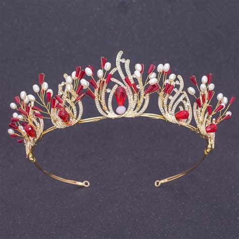 Gorgeous Ruby Pearl Gold Alloy Prom Homecoming Tiara Crown