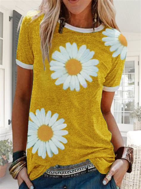 Plus Size Short Sleeve Daisy Casual T Shirt Clothing Green Cotton