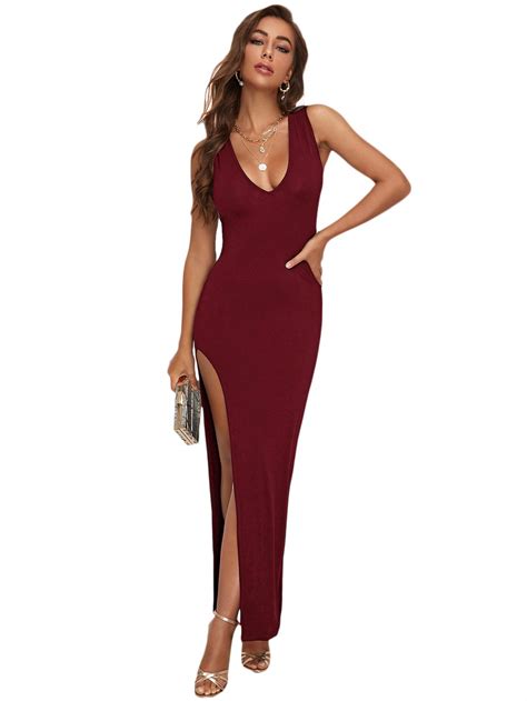 Shein Womens Side Slit Deep V Neck Bodycon Maxi Dress Split Sleeveless Evening Party Long