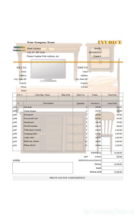 Editable Bill Sample For Furniture And Appliances Invoice Format
