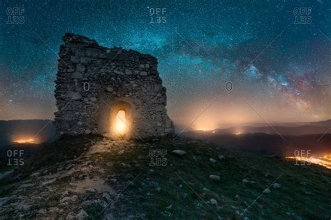 Starry Sky Over The Rocca Calascio Ruins In Abruzzo Italy Stock Photo