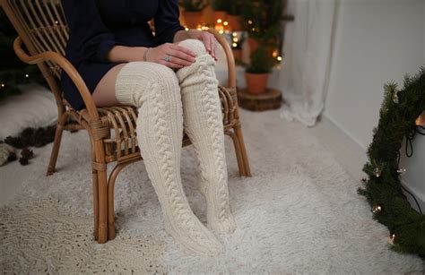 Over Knee Long Merino Wool Hand Knitted Socks Natural Wool Etsy