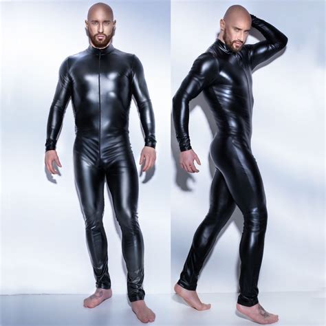 buy leather men latex jumpsuit sexy 3xl catsuit teddy bodysuit black shiny