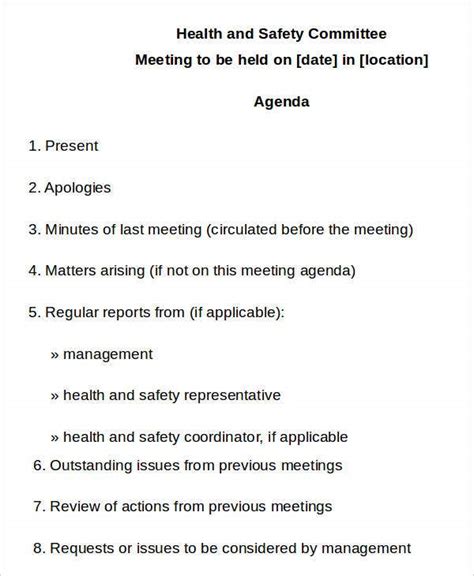 The health and safety committee (hsc) is essentially a forum for opening communication between workers and upper management. 10+ Safety Agenda Templates - Free Sample, Example Format ...