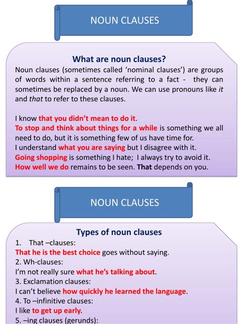 The examples below show how they are used: Noun Clauses | Clause | Noun