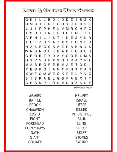David And Goliath Bible Wordsearch Puzzle