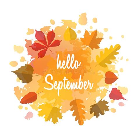 Hello September Typography Poster With Colorful Leaves In Flat Style