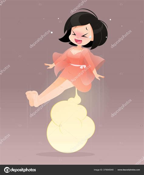 Cute Woman Pink Nightgown Farting Blank Balloon Out Her Bottom Stock