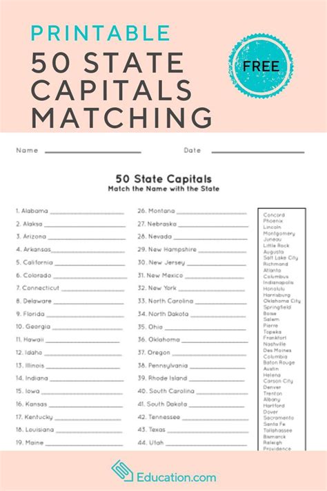 50 State Capitals Worksheet State Capitals