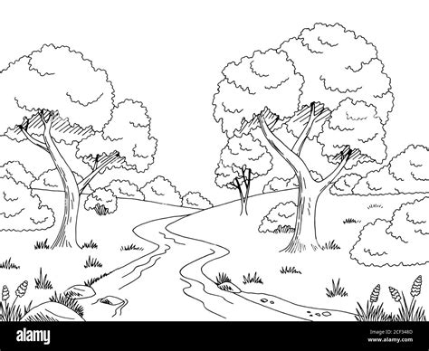 Forest River Graphic Black White Landscape Sketch Illustration Vector