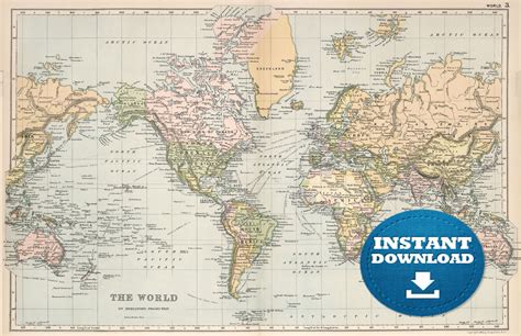 Digital Vintage World Map Printable Download Antique World Map Pastel