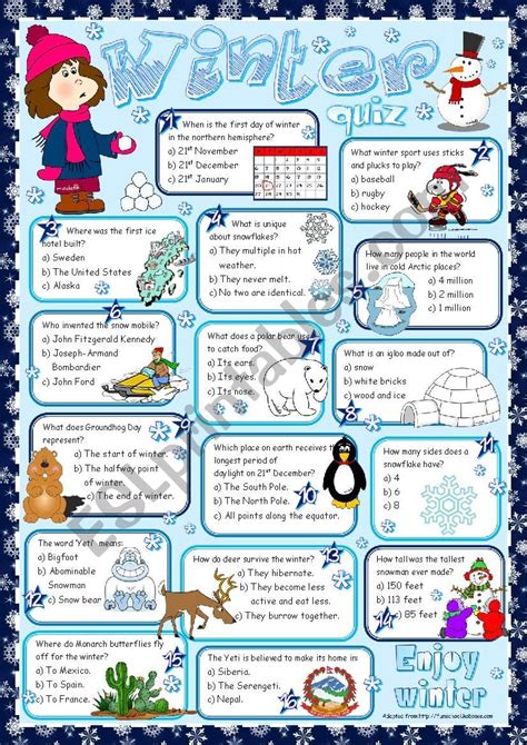 Winter Quiz Key Included Esl Worksheet By Mada1