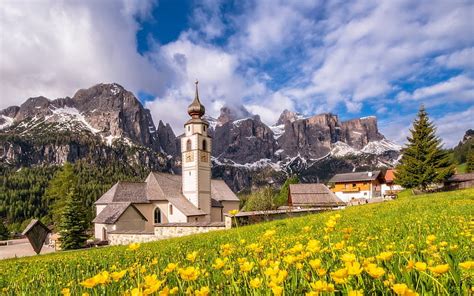 Dolomite Alps Summer Church Mountain Landscape Yellow Wildflowers