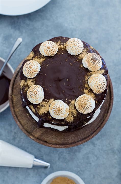 Chocolate Smores Cake With Homemade Marshmallow Fluff And Ganache