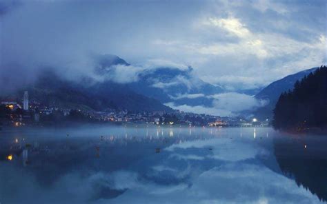 Landscape Blue Lake Nature Mist Clouds Mountain
