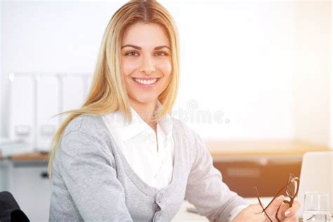 Young Business Woman Or Student Girl Working At Office Workplace With