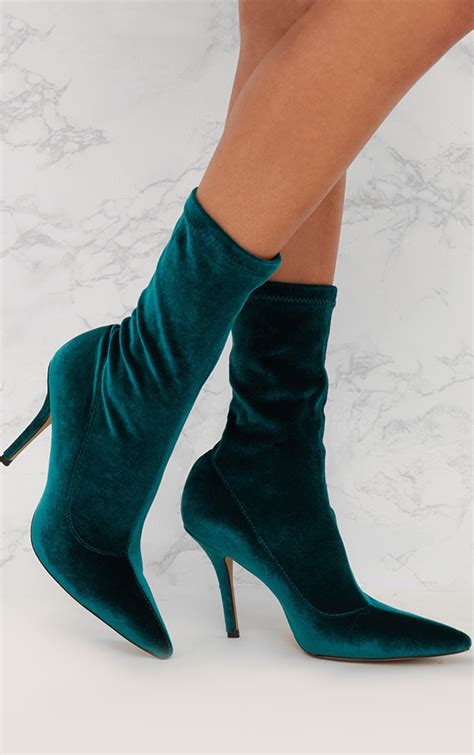 Jewel Green Velvet Pointy Sock Boots Prettylittlething Usa