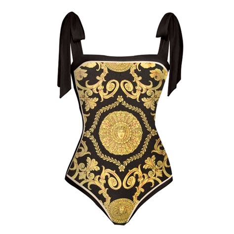 Retro Black Gold Color Matching Printed One Piece Swimsuit Sexy Beach Swimwear Fashion Strap