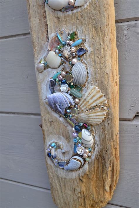 Driftwood Seahorse Wall Hanging Using Shells And Pearls Handmade In