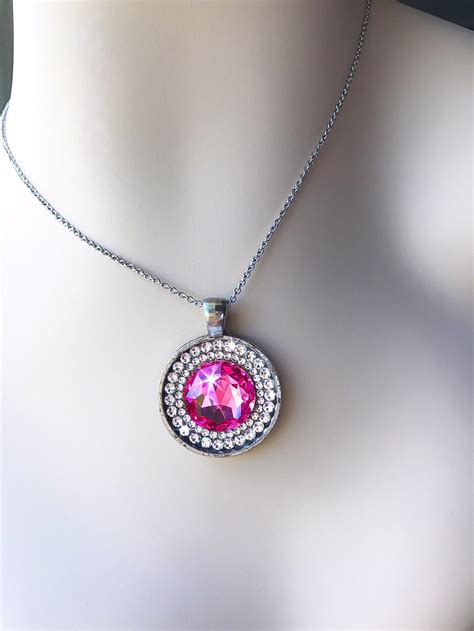 Rose Pink Swarovski Crystal Necklace Bright Pink Vintage