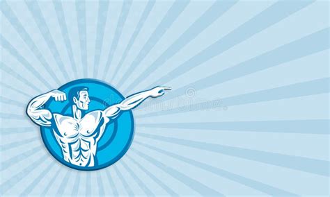Bodybuilder Flexing Muscles Pointing Side Retro Stock Vector