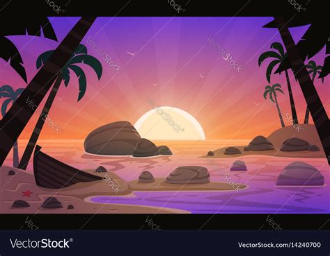 Cartoon Sunset Tropical Beach Royalty Free Vector Image