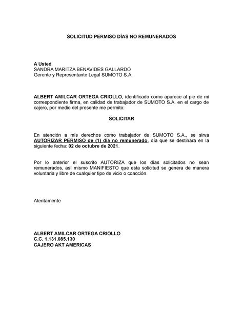 Formato DE Permiso NO Remunerado SOLICITUD PERMISO DÍAS NO