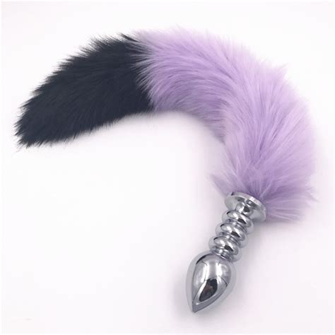 Anal Plug Fox Tail Stainless Steel Size Butt Plug Purple And Black Plush Tails Butt Stopper