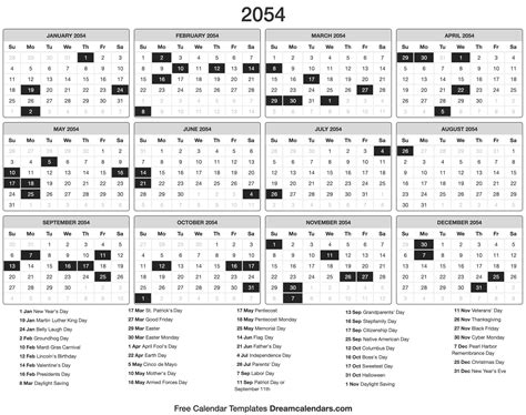 2054 Calendar