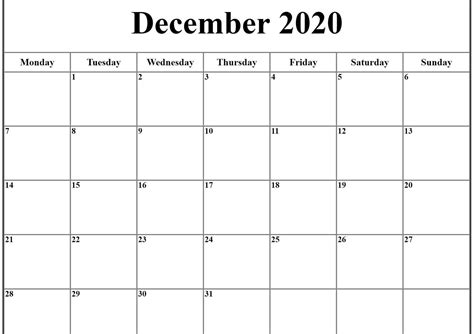 Free Printable Calendar December 2020 Starting Monday Calendar