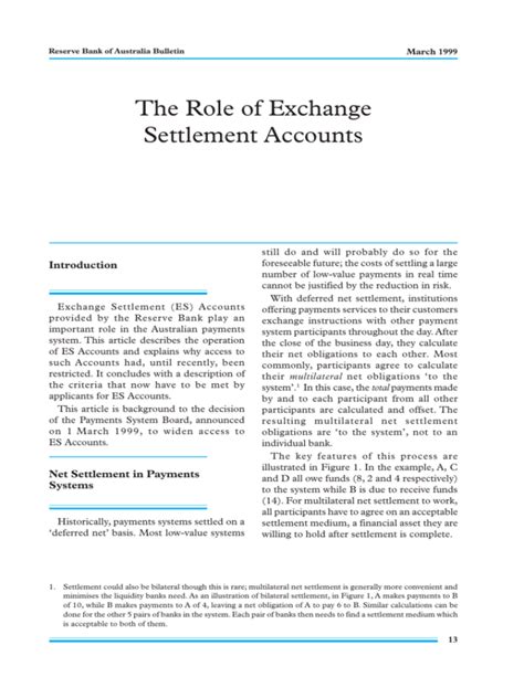 The Role Of Exchange Settlement Accounts