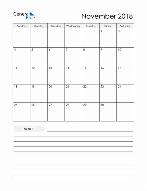 November 2018 Monthly Calendar Pdf Word Excel