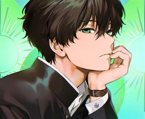 All Male Black Hair Close Cropped Green Green Eyes Hyouka