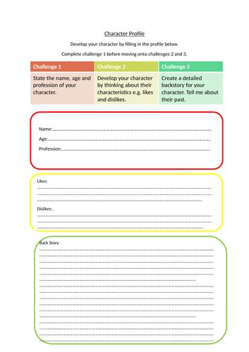Character Profile Template Teaching Resources