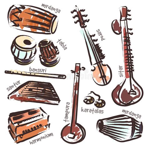 Vector Set Of Indian Musical Instruments Flat Style Stock Vector