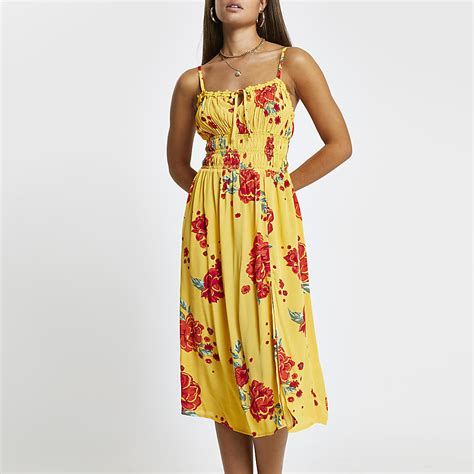 Orange Floral Shirred Midi Beach Dress River Island