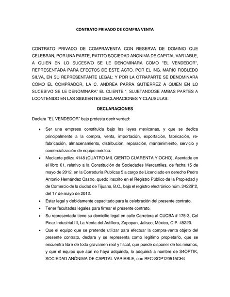 Contrato Privado De Compra Venta Hernández Bedolla Contrato Privado