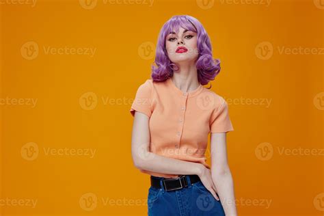 Positive Young Woman Purple Hair Fashion Posing Glamor Yellow