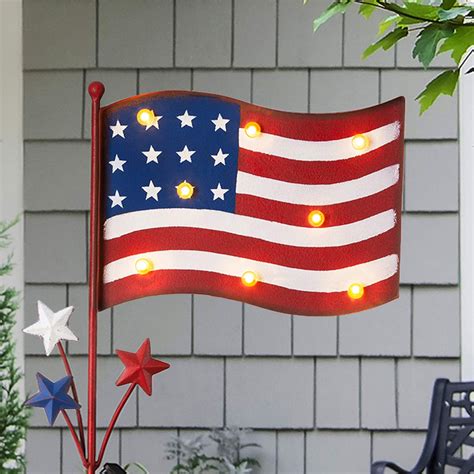 Glitzhome 42 Metal American Flag Yard Stake With Solar Lights In 2022
