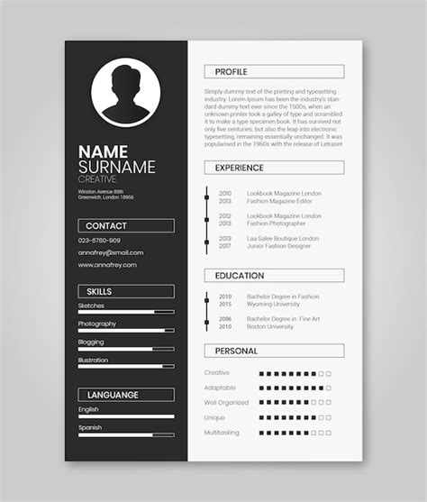 Plantilla De Curriculum Vitae En Blanco Y Negro Minimalista Vector Premium