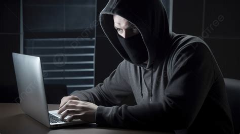 Hacker In Black Mask Using A Laptop Computer Background Scammer