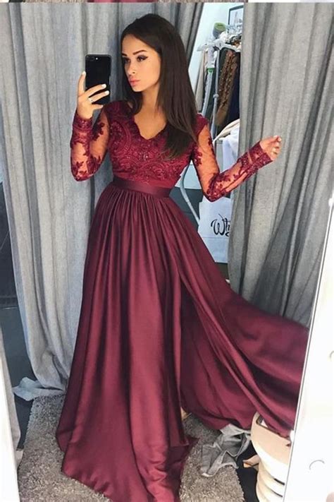 A Line Long Prom Dress With Sleeves School Dance Dress Fashion Winter