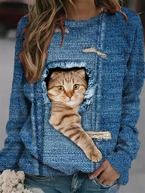 Women Design 3d Cat Print Pullover Long Sleeve Cute Sweatshirts Cute