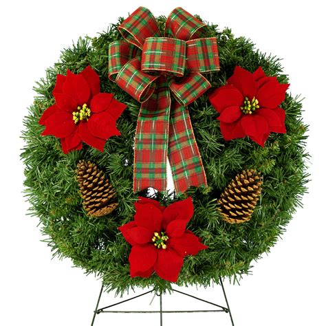 Christmas Wreath With Poinsettias And Pine Cones And Plaid Bow Etsy