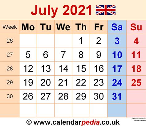 Calendar July 2021 Uk With Excel Word And Pdf Templates