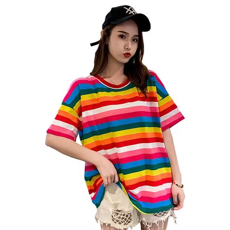 Yz Women Rainbow Striped Tops Harajuku T Shirt Female 2019 Plus Size Xl 4xl Tshirts Camiseta