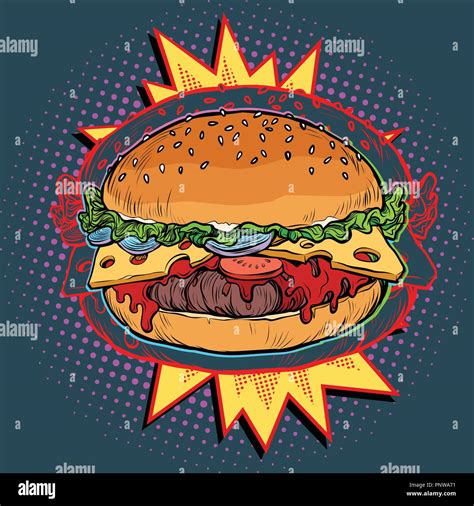 Hot Burger On Fire Fast Food Restaurant Pop Art Retro Vector