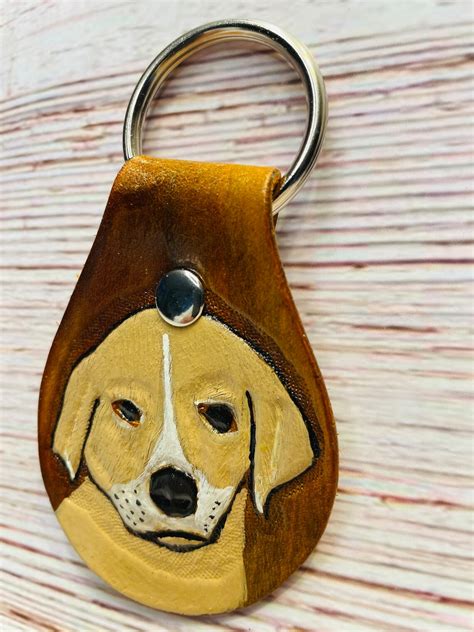 Dog Keychainreal Leather Key Fobhand Painted And Tooled Etsy